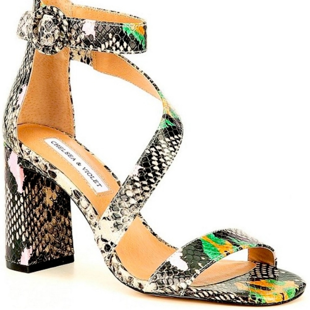 Chelsea & Violet Bree Snake Print Block Heel Sand… - image 1